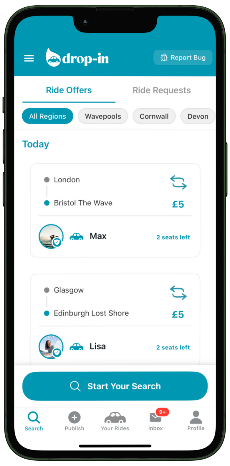 Drop-in app showing a feed of available surf rides to join