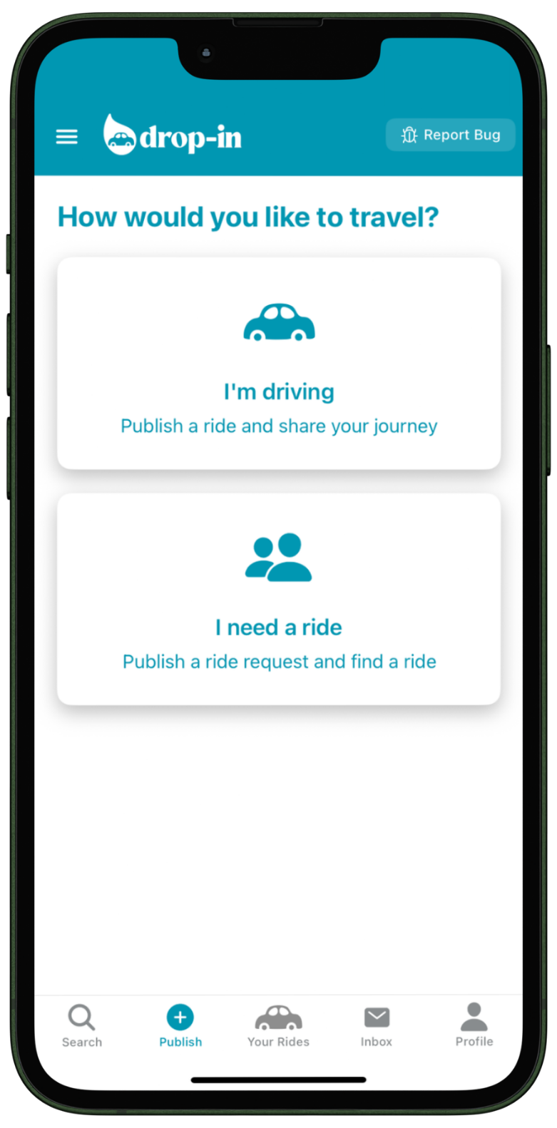 Drop-in app showing the screen for posting your own surf journey as a driver or passenger