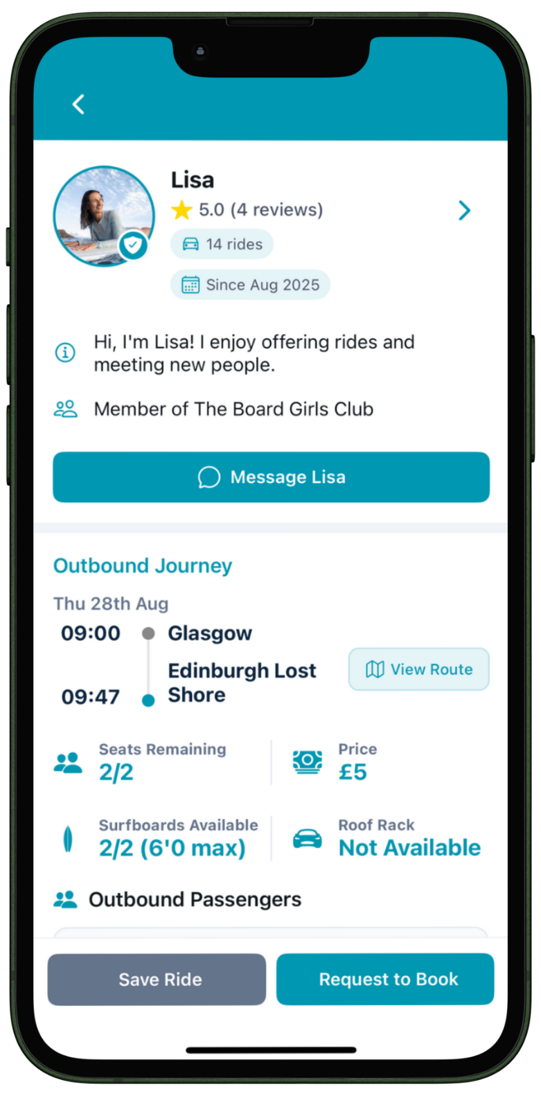 Drop-in app showing details of a surf journey with a request to join button