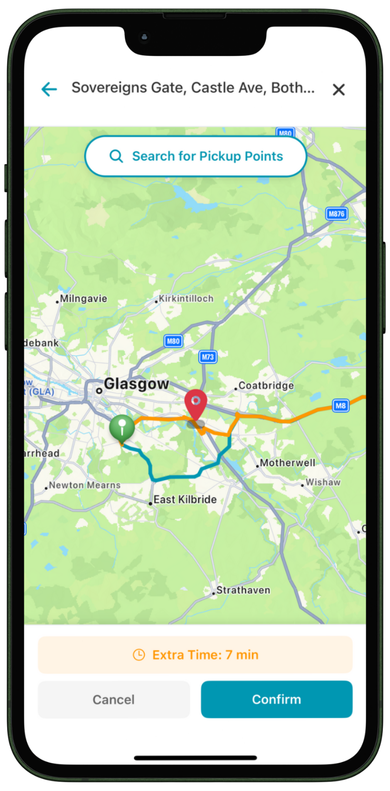 Drop-in app showing pick-up spot selection on a map