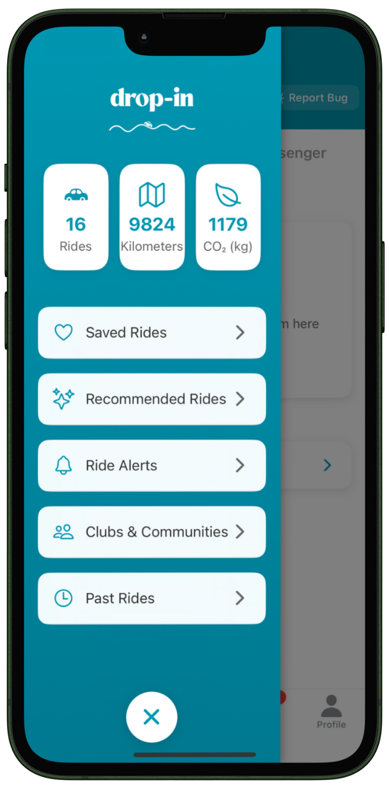 Drop-in app showing ride history and environmental impact tracker